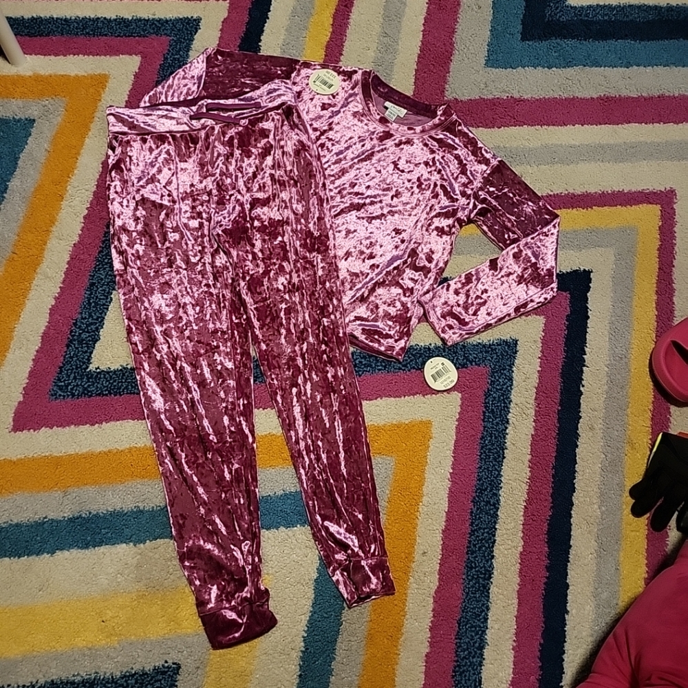 NWT Girls L(10/12) Colorful Planet Pink Velour Outfit Top & Jogger Pants